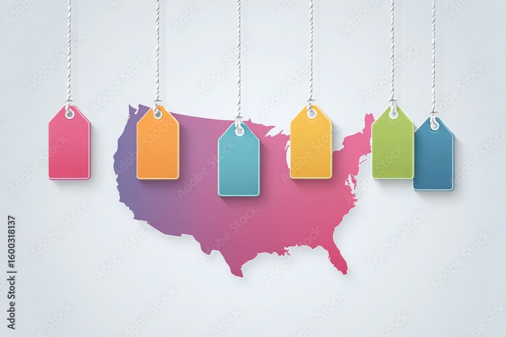 Colorful tags in various shades hang against a gradient map of the United States, showcasing a creative design that blends elements of geography and branding.
