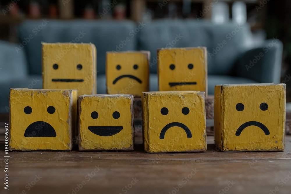 Colorful wooden blocks with different facial expressions are displayed on a rustic desk. The cheerful and sad faces convey a range of emotions, bringing a playful vibe to the setting.