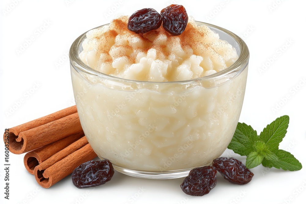 Creamy rice pudding is garnished with raisins and a sprinkle of cinnamon. It is served in a clear glass bowl alongside cinnamon sticks and fresh mint leaves, creating a vibrant dessert.