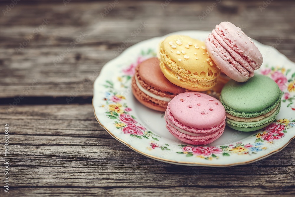 Delicate and vibrant macarons are artfully stacked on a floral-patterned plate. The scene captures a moment of sweet indulgence on a rustic wooden surface, perfect for dessert lovers.