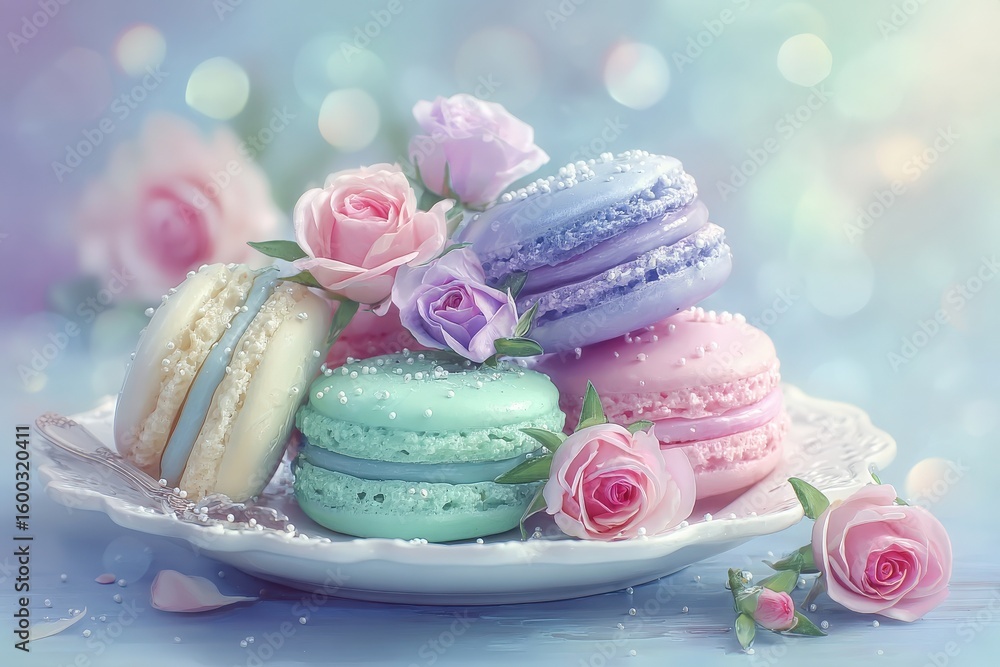 Delicate macarons in pastel colors are arranged on a white plate, surrounded by pink roses. The background features a dreamy bokeh effect, creating a whimsical atmosphere.