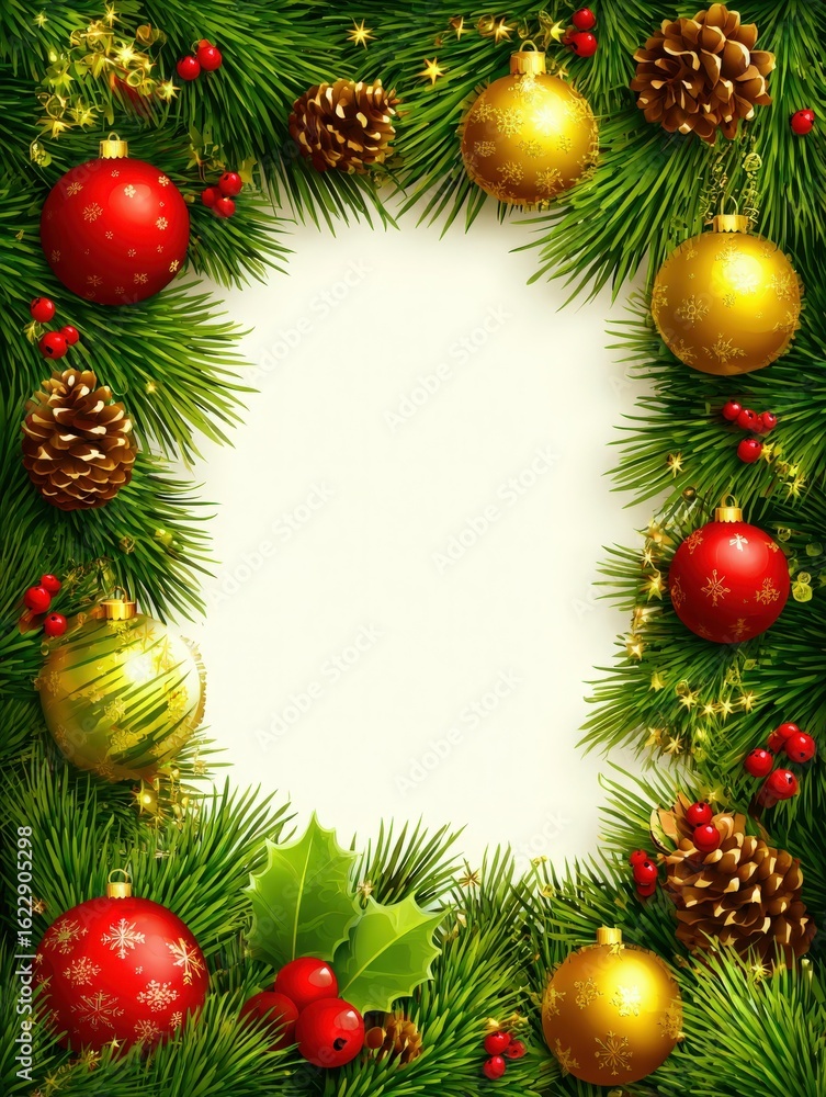 Festive green pine branches create a border filled with bright red and gold ornaments, pine cones, and holly berries, providing a cheerful atmosphere for holiday greetings or invitations.