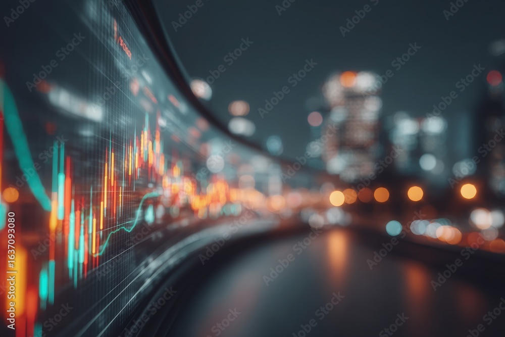 Financial charts display market trends superimposed on an urban skyline at night. City lights shimmer along the waterfront, creating a dynamic and vibrant atmosphere.