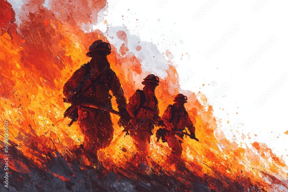Firefighters navigate through heavy flames and smoke, equipped with gear and tools, as they combat a wildfire in an intense and chaotic environment during daylight hours.