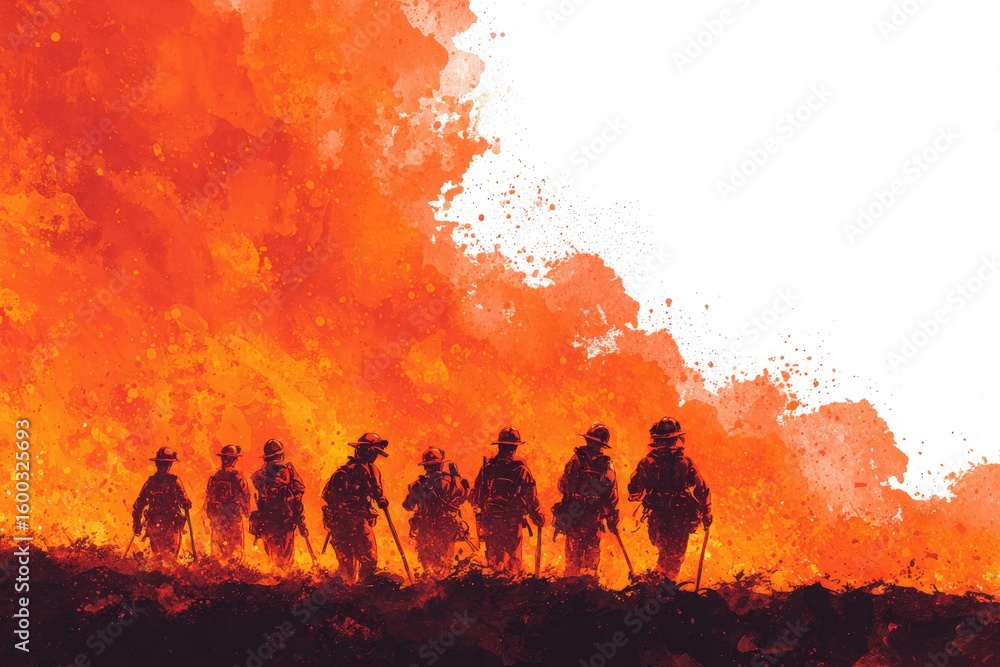 Firefighters stand together against a backdrop of bright flames and smoke, preparing to face a fierce wildfire. Their silhouettes are striking against the vivid orange and red hues.