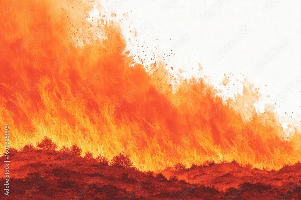 Flames engulf a mountainous terrain, illuminated by bright orange and red hues. Smoke billows upward, creating a dramatic contrast against the clear sky.