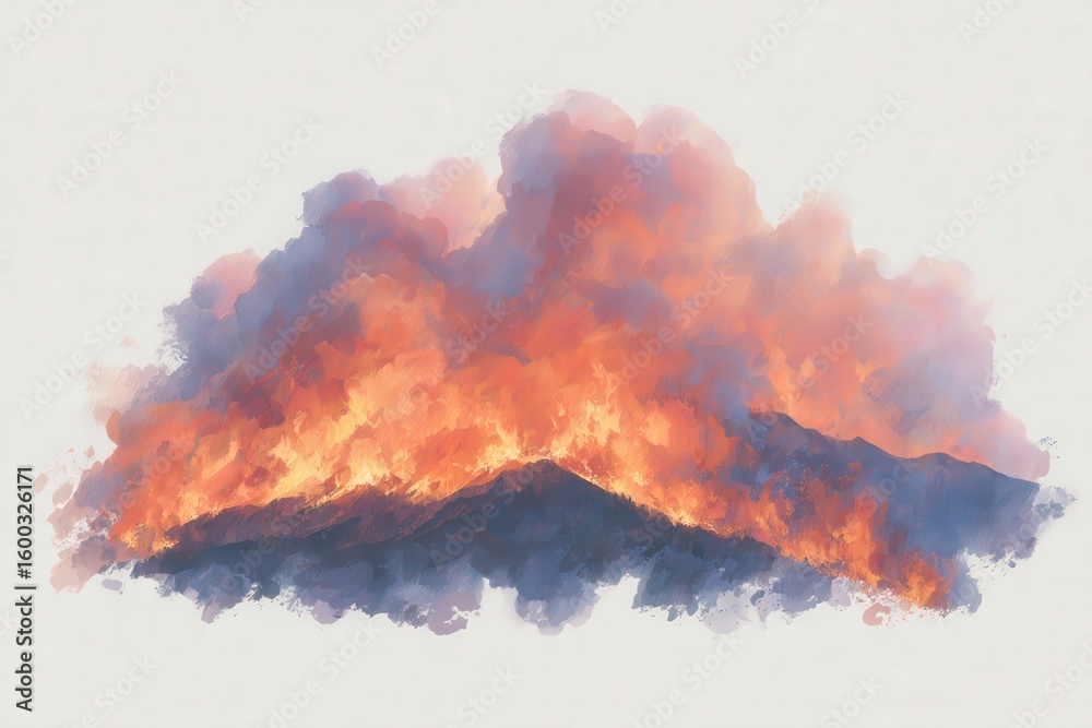 Flames rise fiercely from the mountainside as dark clouds of smoke billow above. The landscape is engulfed in a vibrant orange glow, indicating the intensity of the fire during the late afternoon.