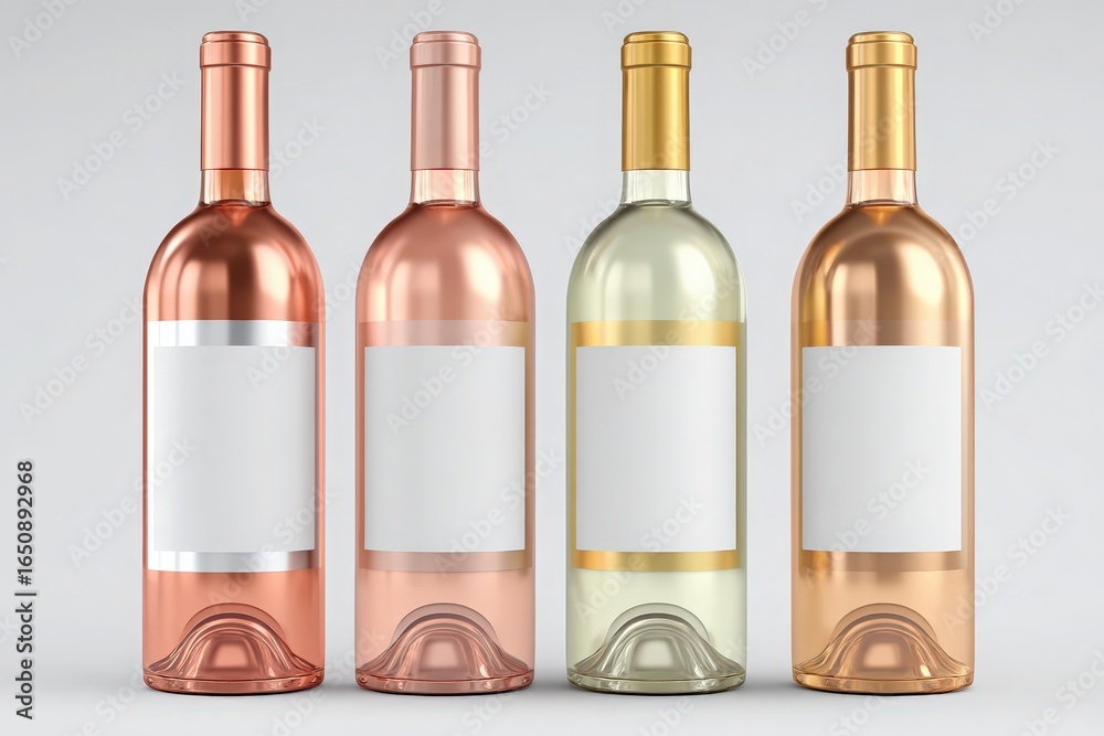 Four wine bottles with empty labels stand side by side. The bottles display distinct colors, including rose, white, and gold accents. The setting is neutral and minimalistic.