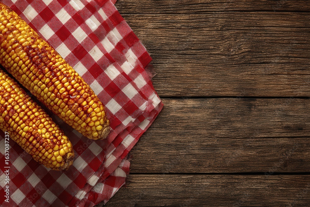 Freshly grilled corn sits on a red and white checkered cloth, contrasted against warm wooden surfaces. The arrangement evokes a cozy, summertime gathering feel perfect for outdoor dining.