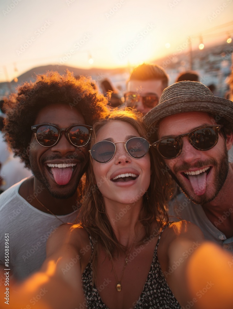 Friends pose for a cheerful selfie during a sunset gathering at the beach. Wearing sunglasses, they share smiles and playful expressions, capturing a moment of joy and connection.