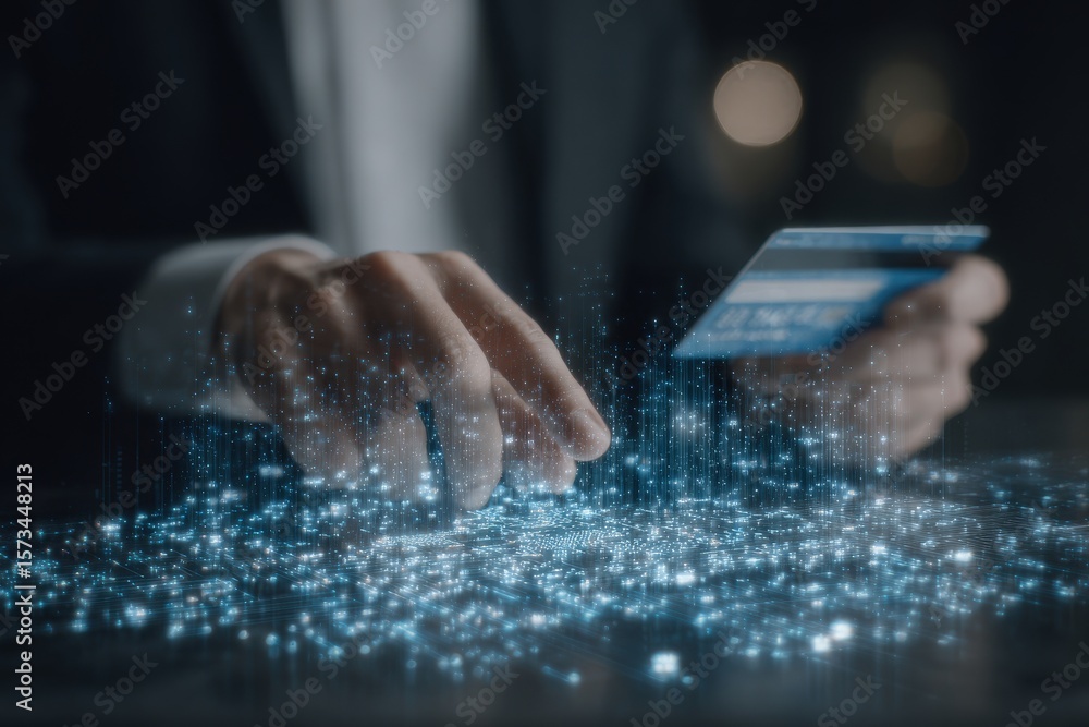 Hands of a person are seen interacting with floating digital data, representing a futuristic approach to financial transactions. The scene conveys advanced technology in banking or commerce.