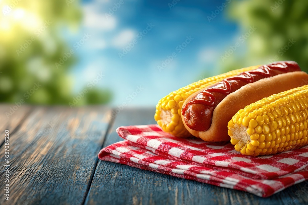 Hot dogs topped with ketchup and fresh corn are arranged on a red-checkered napkin, displayed outdoors with soft sunlight filtering through greenery. Perfect for a summer gathering.
