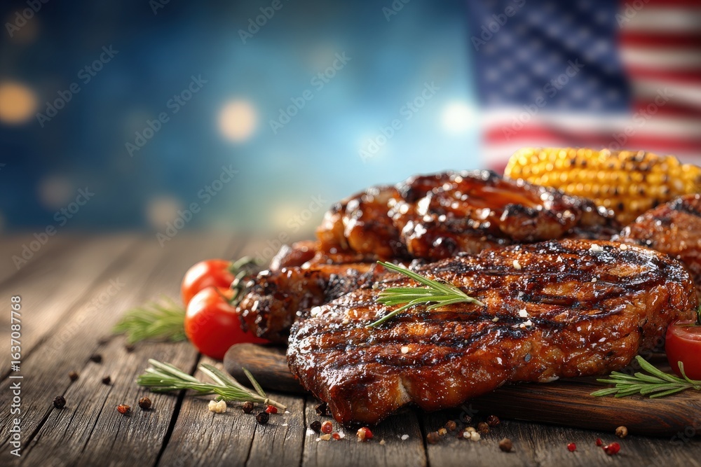 Juicy grilled steaks garnished with fresh herbs sit on a wooden board. Juicy vegetables, including corn and tomatoes, add color, evoking a warm, festive atmosphere perfect for summer cookouts.