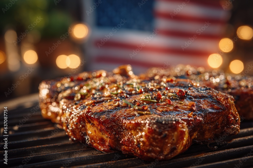 Juicy steak sears on a grill, coated with spices, glistening in the warm glow of lights. An American flag subtly decorates the background, enhancing the festive atmosphere of the barbecue.