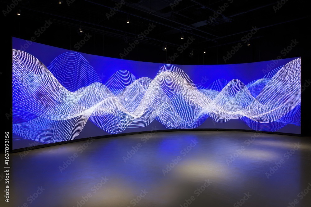 The artwork features a large curved screen displaying intricate blue and white wave patterns.