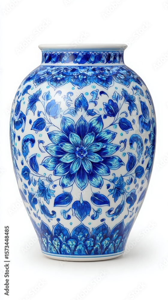 The ceramic vase showcases stunning blue floral patterns on a white background, emphasizing its elegant shape and artistry. It stands gracefully, highlighting craftsmanship and design.
