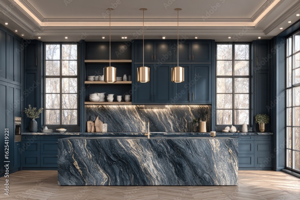 The modern kitchen showcases deep blue cabinetry, a striking marble countertop, and large windows that invite natural light. Pendant lights create an inviting ambiance within the space.