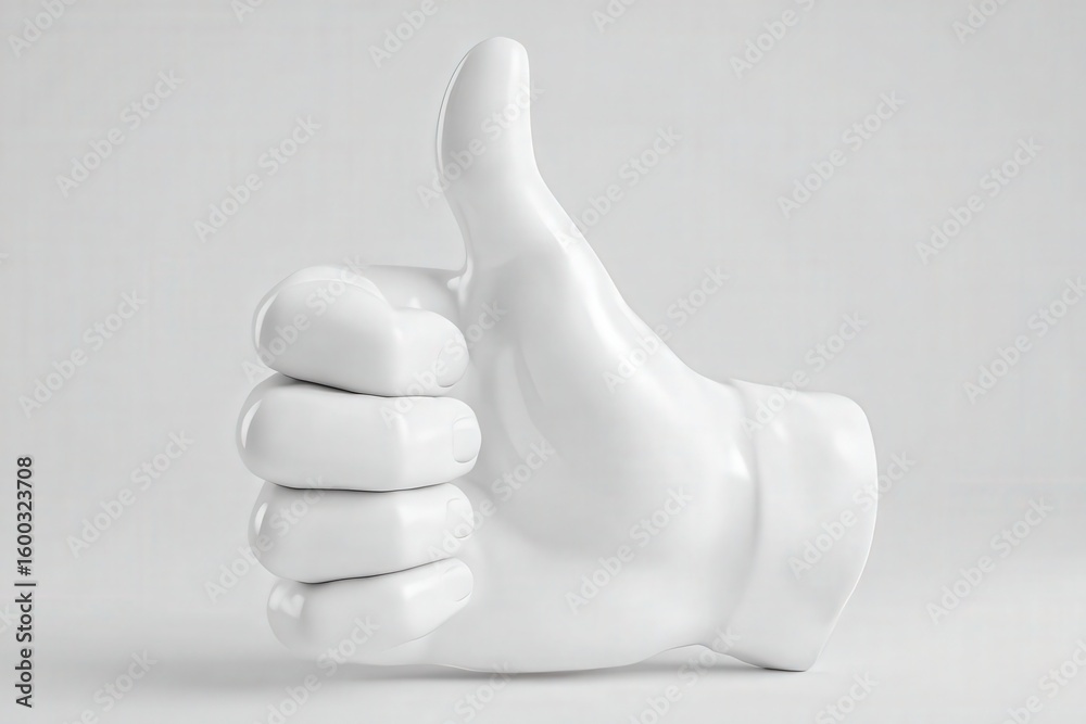 This artwork features a glossy white ceramic hand in a thumbs up position, showcasing a positive and encouraging gesture. The smooth surface and lighting highlight its simple yet impactful design.