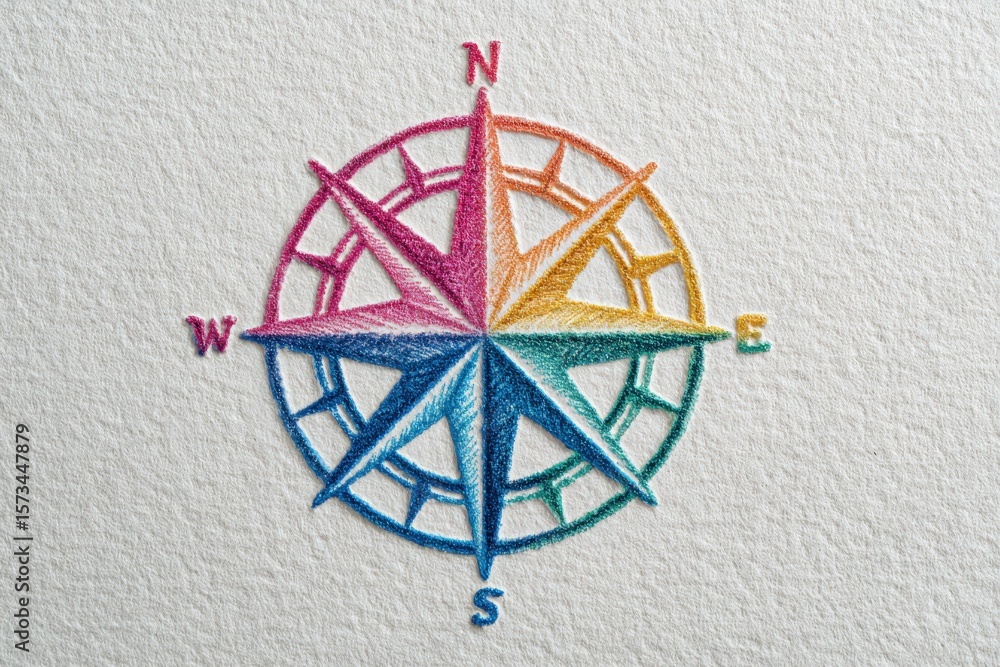 This artwork features a vibrant compass rose, displaying all cardinal directions in a gradient of colors.