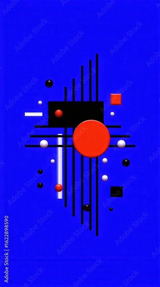 This artwork features an arrangement of geometric shapes and lines in various colors against a solid blue background. Circles, squares, and lines create a striking visual balance.