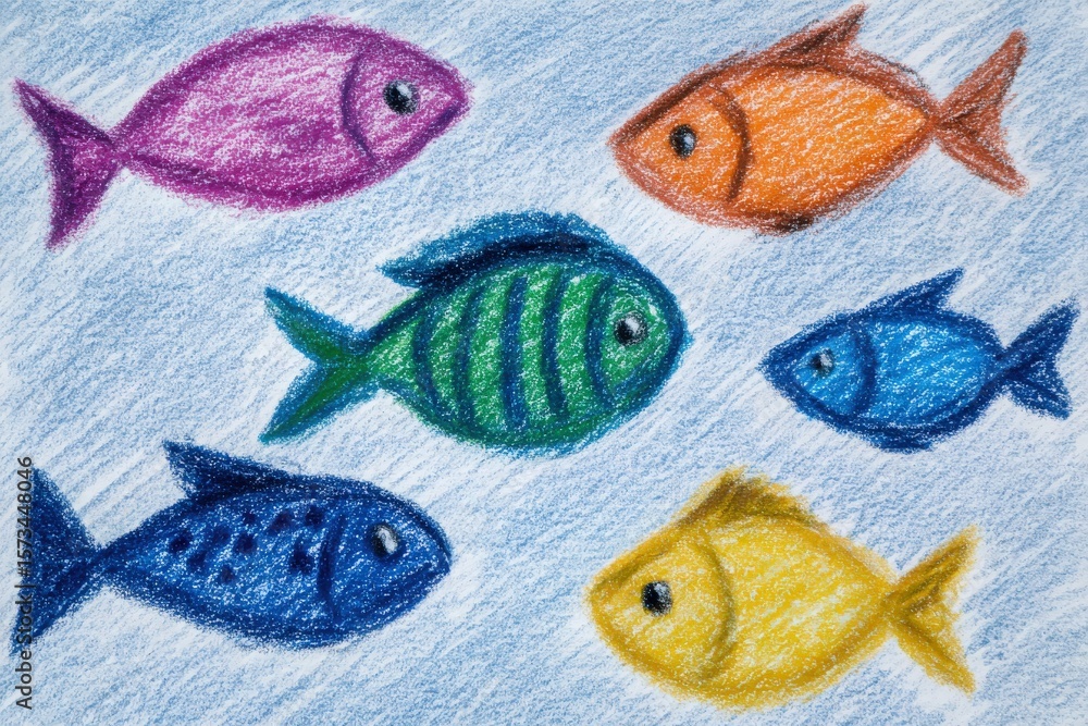 This artwork features six fish in various colors swimming in a blue ocean. The crayon texture gives a playful look, showcasing purple, orange, green, blue, and yellow fish.