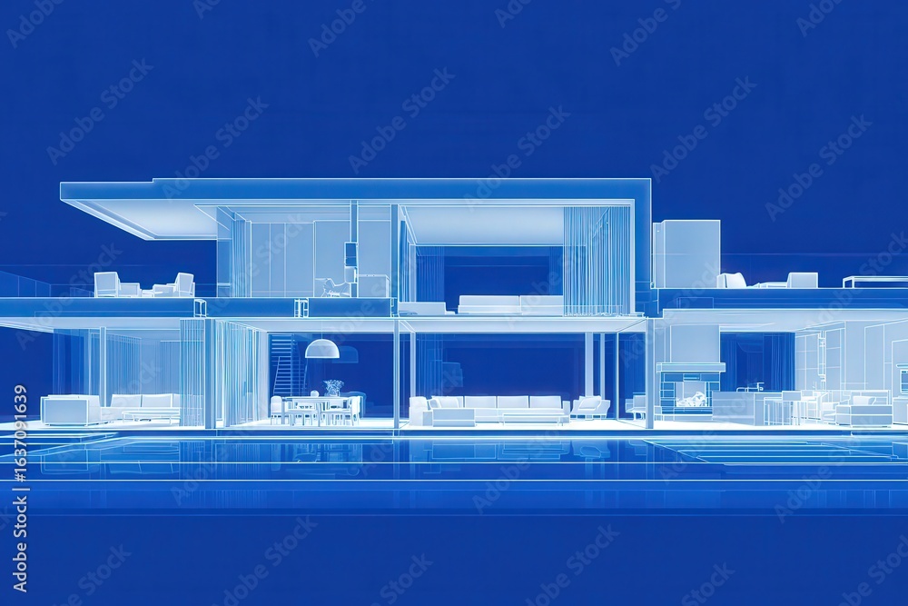 This blueprint showcases a modern home design featuring multiple levels, open living spaces, and large windows. The design emphasizes spaciousness and flow throughout the interior layout.