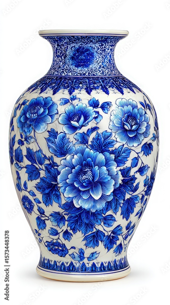 This exquisite ceramic vase features a vibrant blue and white color scheme, showcasing detailed floral patterns and ornate designs. Its classic elegance makes it a stunning decorative piece.