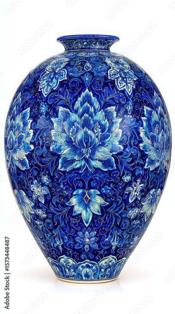 This stunning ceramic vase features a deep blue background adorned with elaborate floral patterns in light blue and white. Its elegant shape and detailed artistry illustrate exceptional craftsmanship.