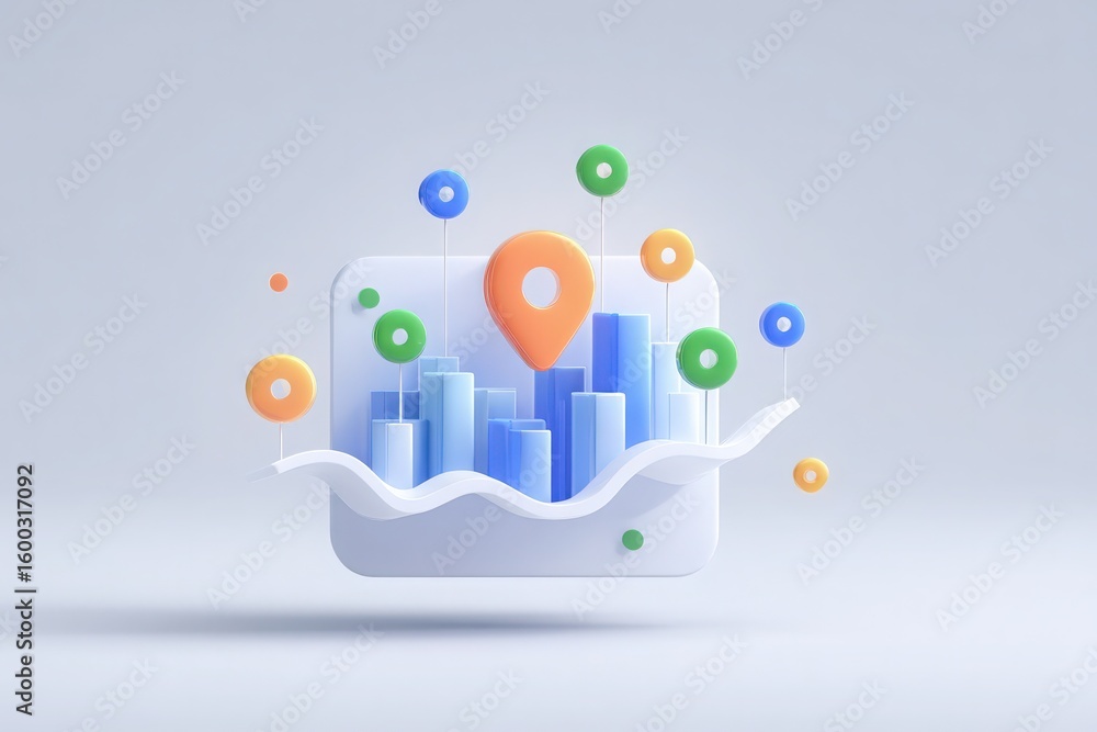 This visual depicts a three-dimensional data analytics concept featuring various blue charts and colorful location pins. The design highlights the importance of location in data presentation.