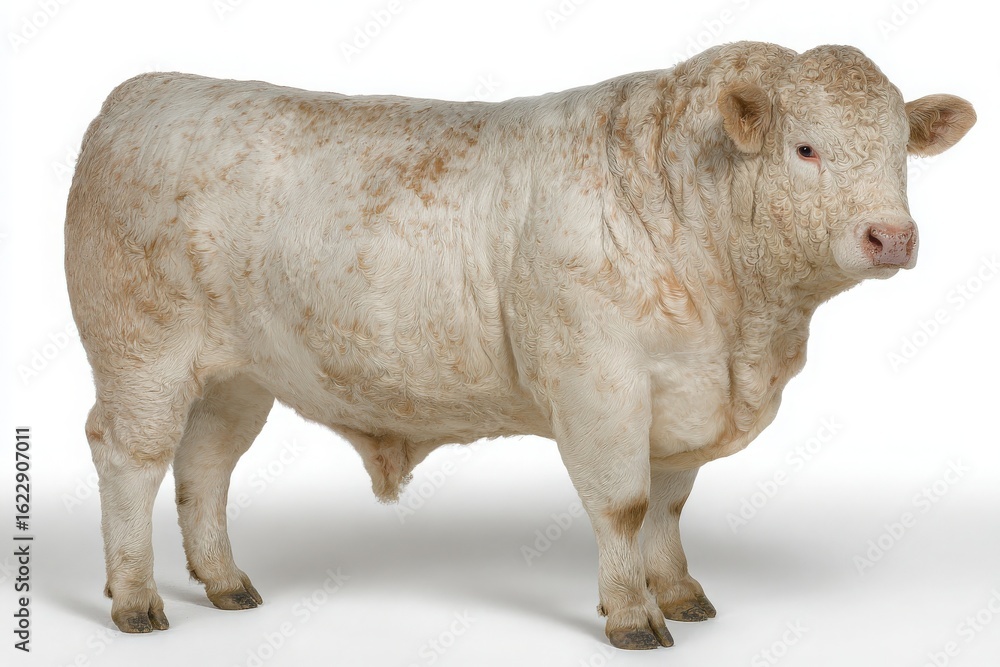 This white cow stands confidently on a light background, displaying its strong build and unique coat pattern. The calm daylight accents its features and serene demeanor.
