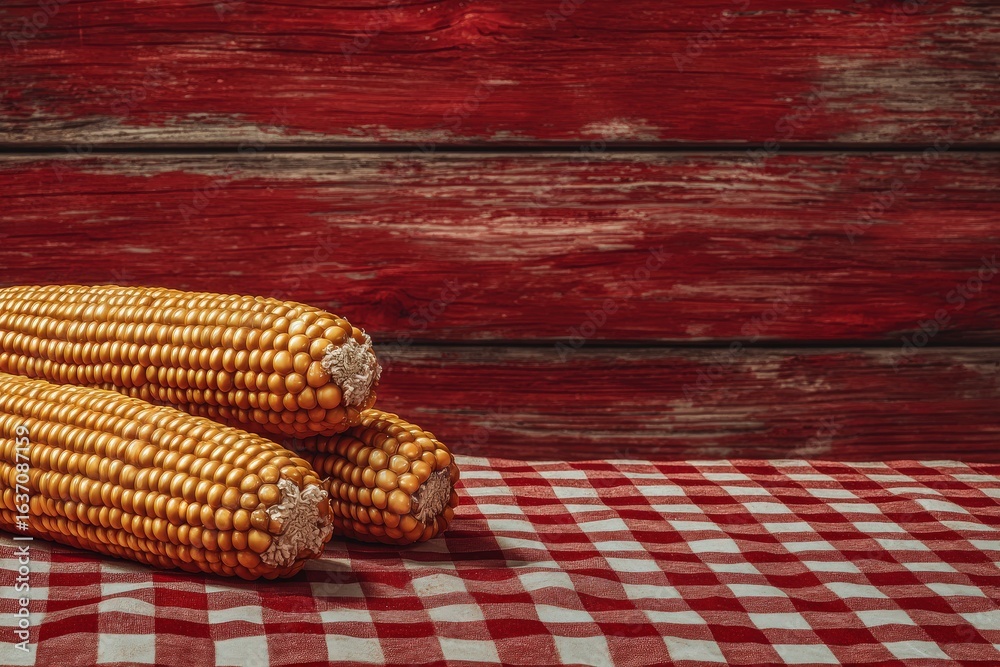 Three ears of fresh corn rest on a red and white checkered tablecloth against a rustic wooden backdrop. This setup invites thoughts of summer gatherings and barbecues.