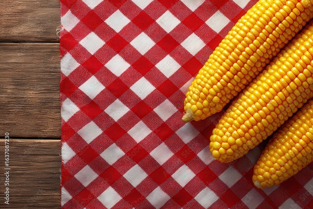 Three ears of fresh yellow corn lie on a red and white checkered tablecloth. The setting evokes a rustic kitchen atmosphere, ideal for summer meals and gatherings.
