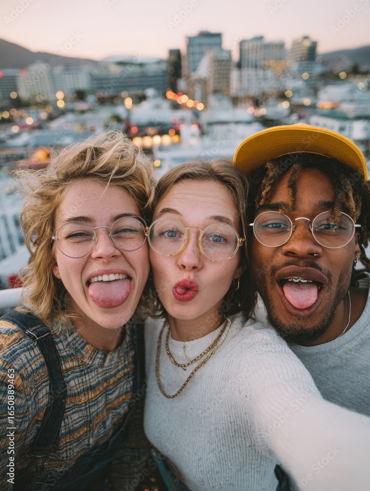 Three friends share a joyful moment on a rooftop terrace during sunset, playfully sticking out their tongues and making funny faces against a vibrant city skyline.