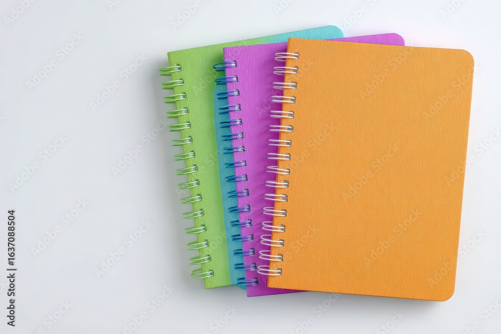Three vibrant spiral notebooks in green, purple, and orange are neatly stacked on a white background. Each notebook features a clean, textured cover, perfect for notes or sketches.