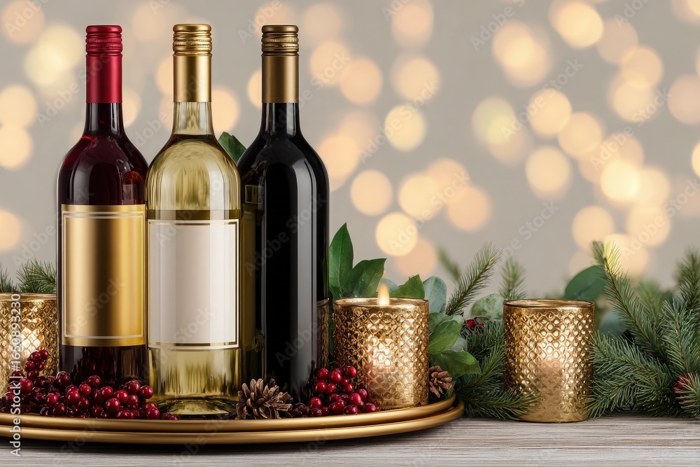 Three wine bottles are arranged on a round tray surrounded by pine branches and festive decorations. Golden candles emit a soft glow against a blurred background of lights, creating a cozy atmosphere.