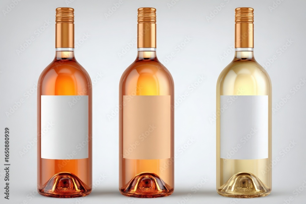 Three wine bottles are displayed prominently, featuring different hues of pink and white. The bottles lack labels, highlighting their elegant shapes.