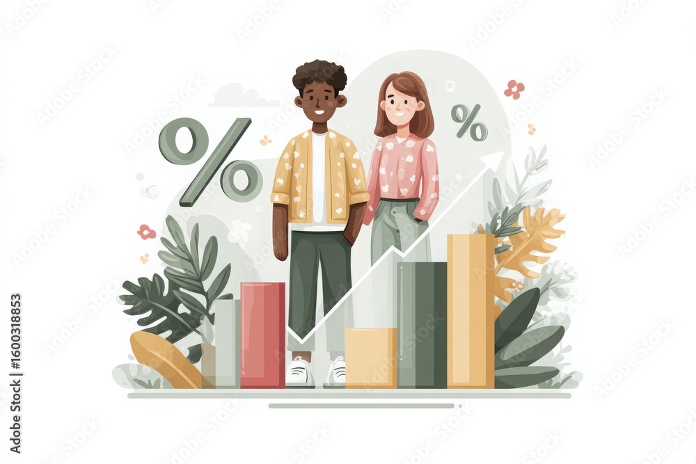 Two children, a boy and a girl, stand together amidst colorful bar graphs and percentage symbols, surrounded by green foliage, symbolizing growth and teamwork in a positive environment.