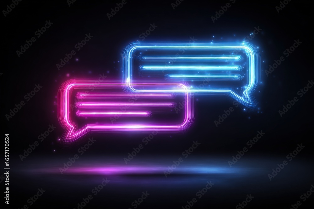 Two digital chat bubbles, one pink and one blue, emit a glowing effect against a dark backdrop. They appear to be part of a communication theme, suggesting conversation or interaction.