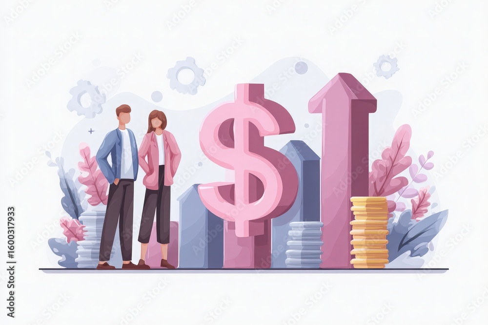 Two professionals stand beside large dollar and upward trend indicators. Surrounding them are stacks of coins and growth charts, illustrating financial analysis and business success themes.