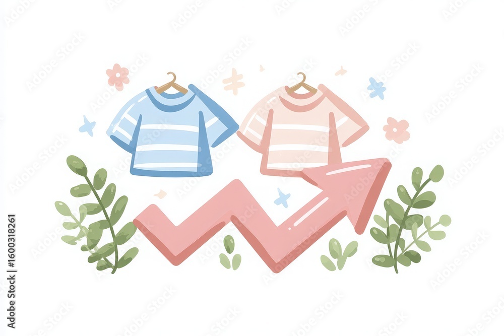 Two striped shirts hang on display in pastel colors, surrounded by plants and flowers. A pink upward arrow suggests an increase in fashion sales, reflecting a positive trend in spring styles.