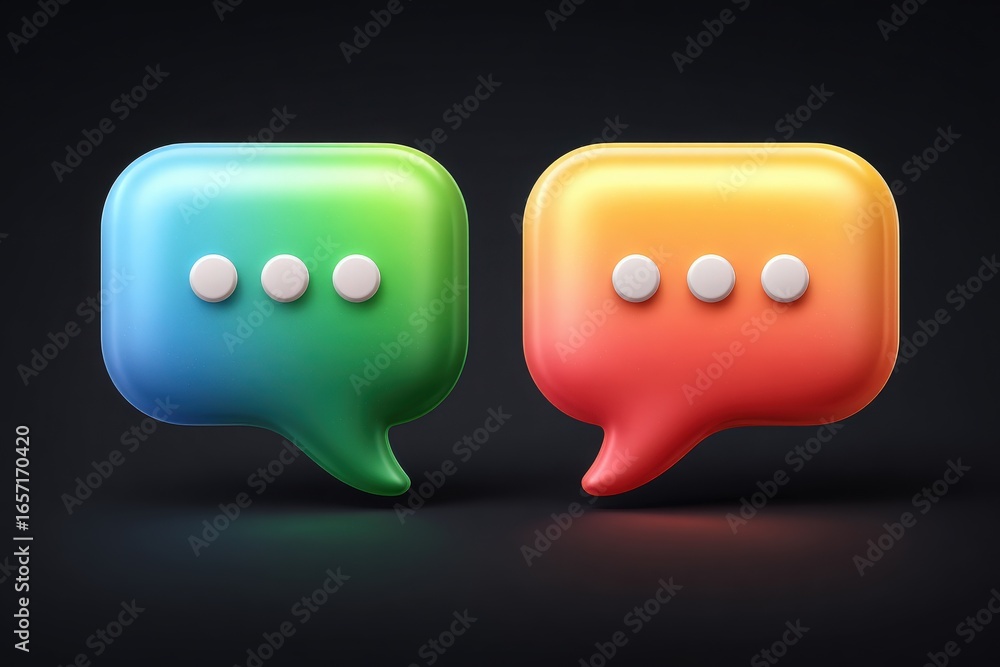 Two vibrant speech bubbles in green and red are displayed side by side. Each bubble features three white dots inside, symbolizing ongoing conversation and messaging.