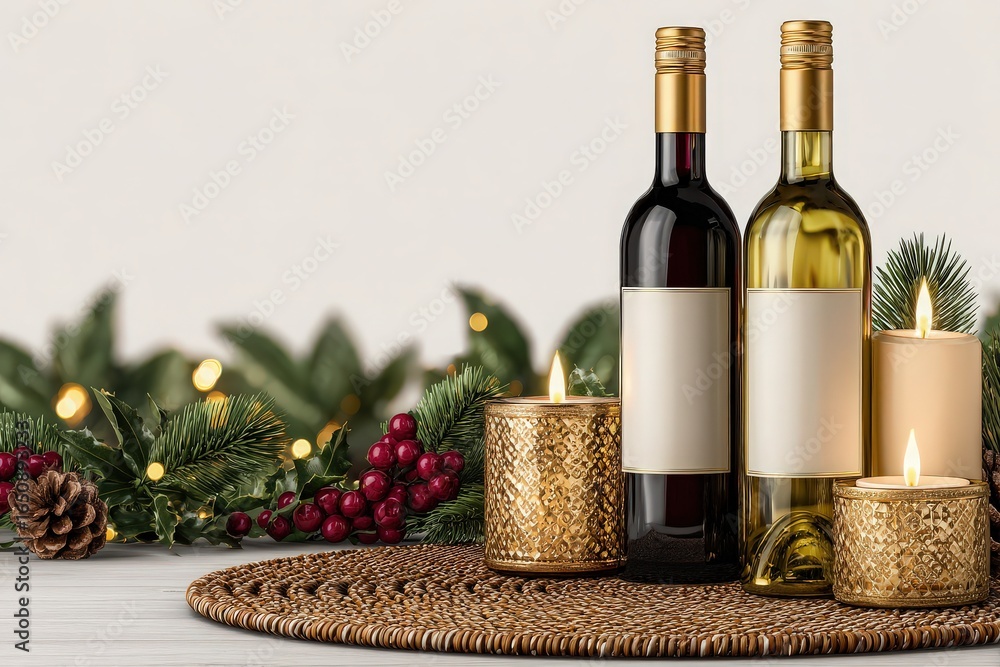Two wine bottles stand alongside lit candles on a woven mat, surrounded by holiday greenery and decorative elements, creating a warm and inviting atmosphere for festivities.