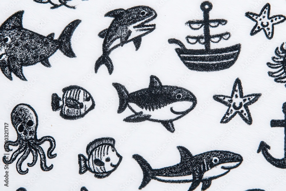 Various black and white illustrations depict marine life, including sharks, fish, octopus, and a ship. These playful designs intertwine oceanic creatures and elements in a whimsical arrangement.