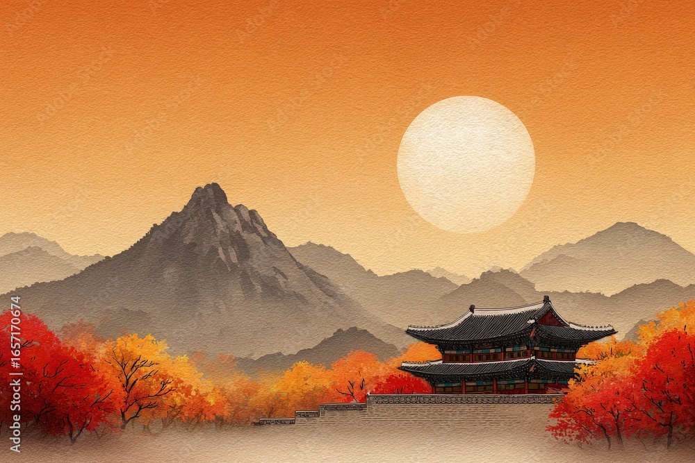 Vibrant autumn foliage surrounds a traditional building as a large sun sets behind distant mountains. The warm orange hues fill the sky, creating a tranquil atmosphere.