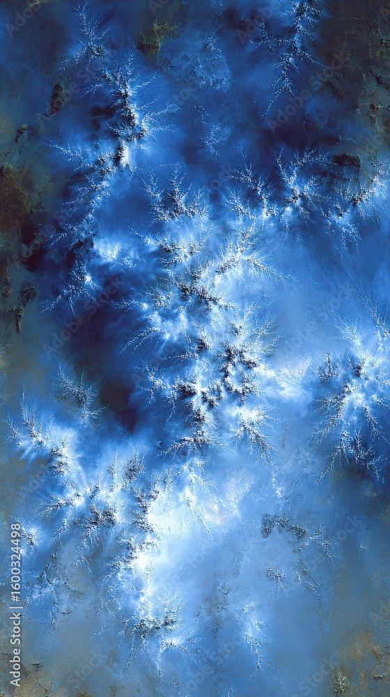 Vibrant blue swirls and intricate patterns create a sense of movement against a darker backdrop. The design resembles natural phenomena like lightning or ocean currents, evoking a dynamic atmosphere.