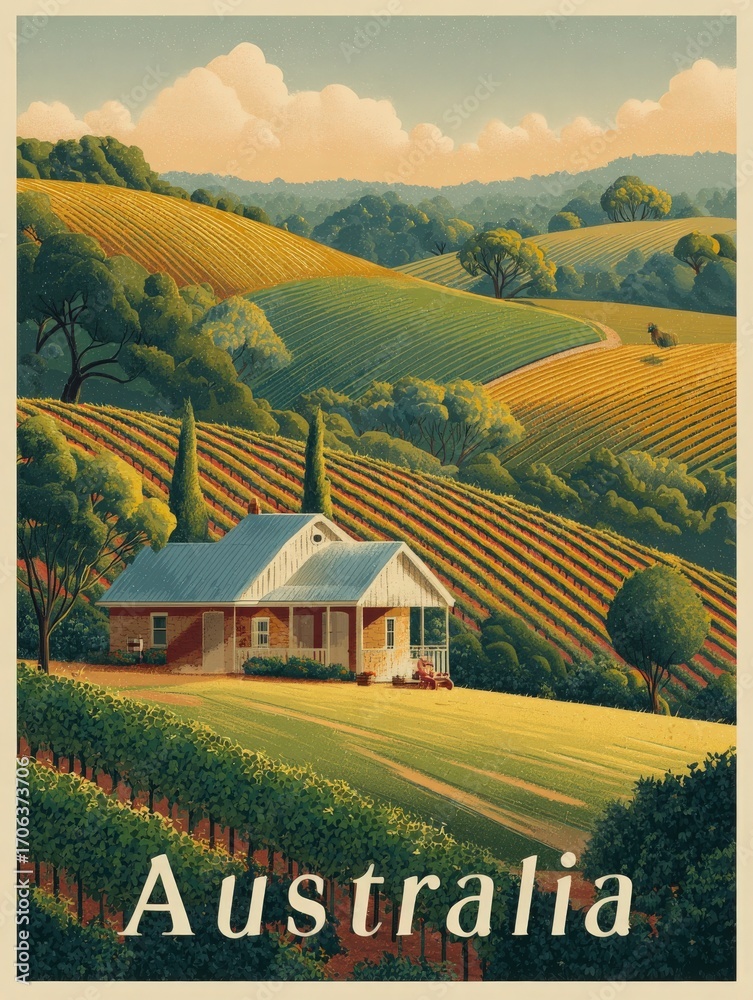 A beautiful Australian landscape features a quaint house surrounded by lush vineyards and gentle hills. The scene captures the serenity and charm of rural life in Australia during a sunny day.