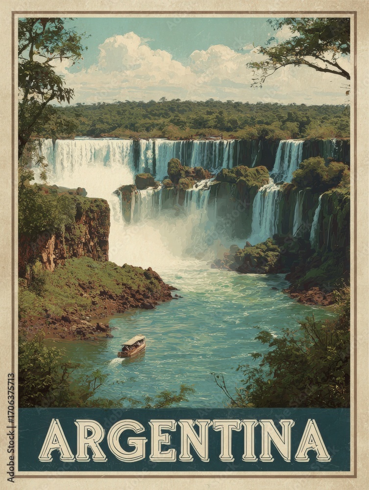 A beautiful view of Iguazu Falls in Argentina shows cascading water with lush greenery surrounding it. A small boat moves through the tranquil river beneath the falls, creating a serene atmosphere.