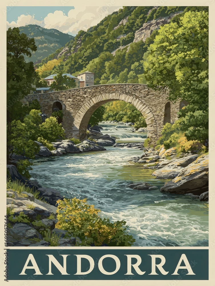A beautiful view of a stone bridge arching over a clear river in Andorra. Lush greenery surrounds the scene, with hills in the background and a serene atmosphere, perfect for nature lovers.