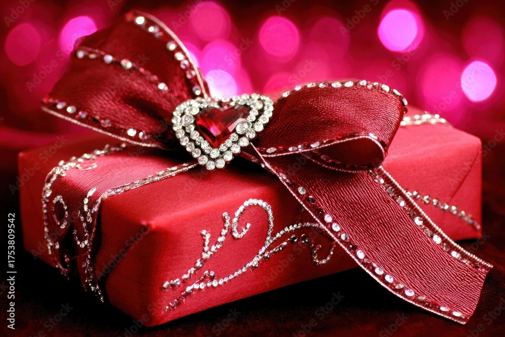 A beautifully wrapped red gift box sits on a soft surface, adorned with a shimmering bow and elegant heart-shaped decoration. The background shimmers with bokeh lights.
