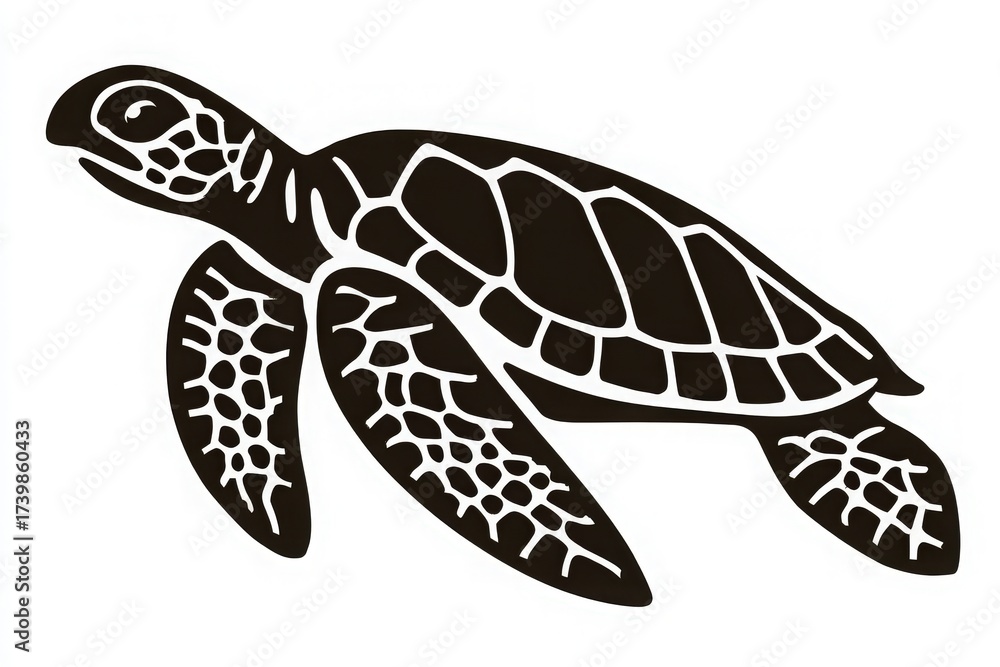 A black and white illustration depicts a sea turtle gliding through the water. Its shell has distinct patterns, showcasing an elegant and streamlined movement in the ocean depths.